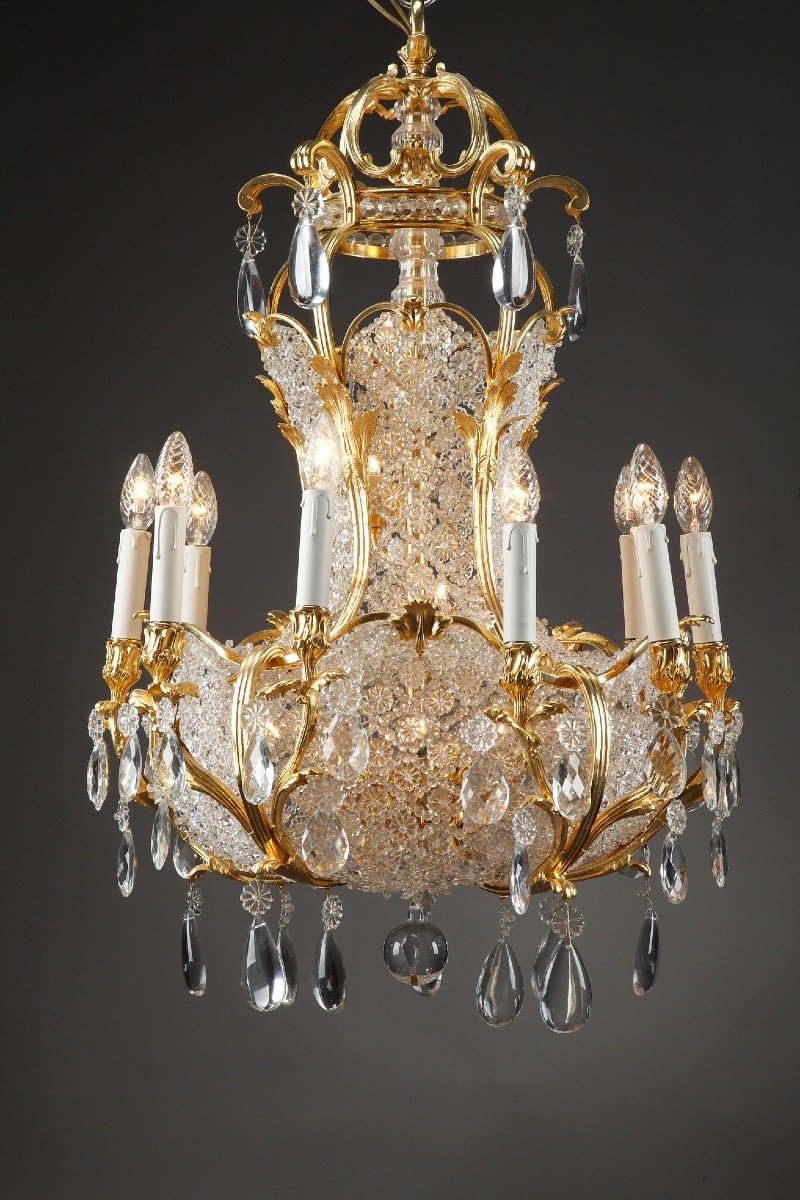 Lustre Corbeille En Cristal Et Bronze Doré, Fin Du 19e Siècle