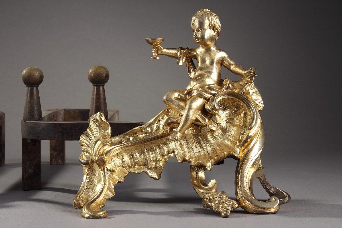 Pair Of Andirons In Gilt Bronze Louis XV Period-photo-4