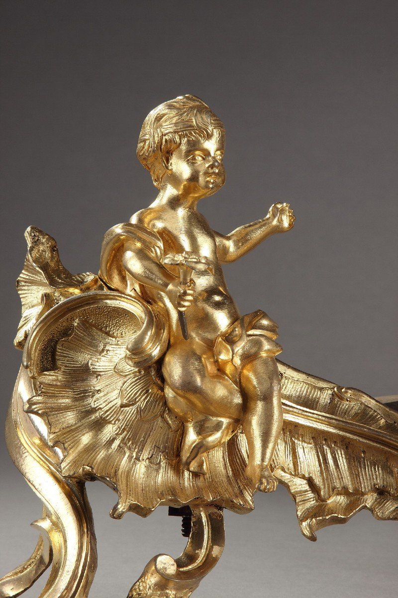 Paire De Chenets En Bronze Doré d'époque Louis XV-photo-3