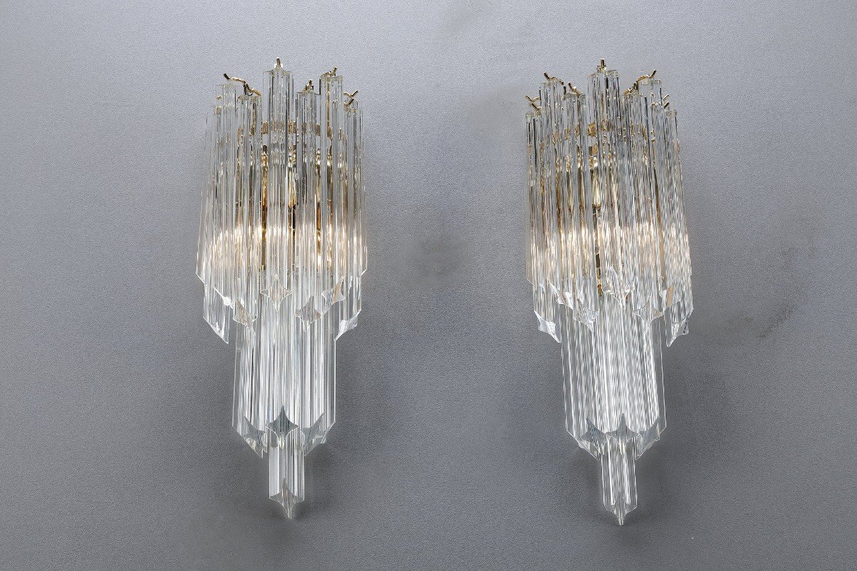 Pair Of Wall Lights With Quadrihedral Murano Glass-photo-2