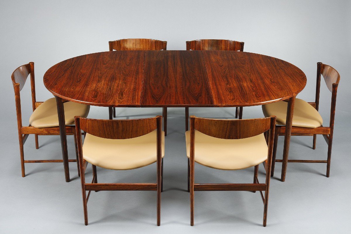 Ib Kofod-larsen Rosewood Dining Table With Extension And Six Chairs