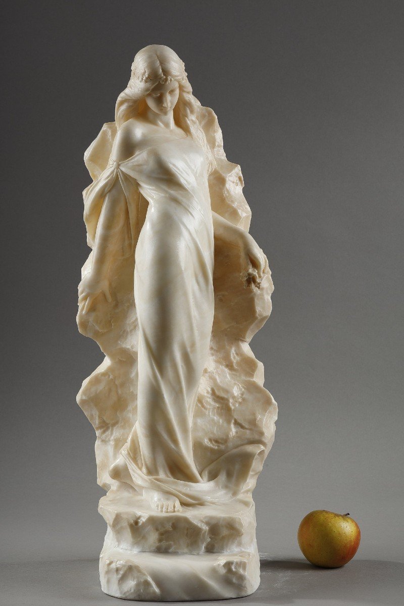 Sculpture "jeune Femme Tenant Une Fleur Près d'Un Rocher", Giuseppe Gambogi (1862-1938)