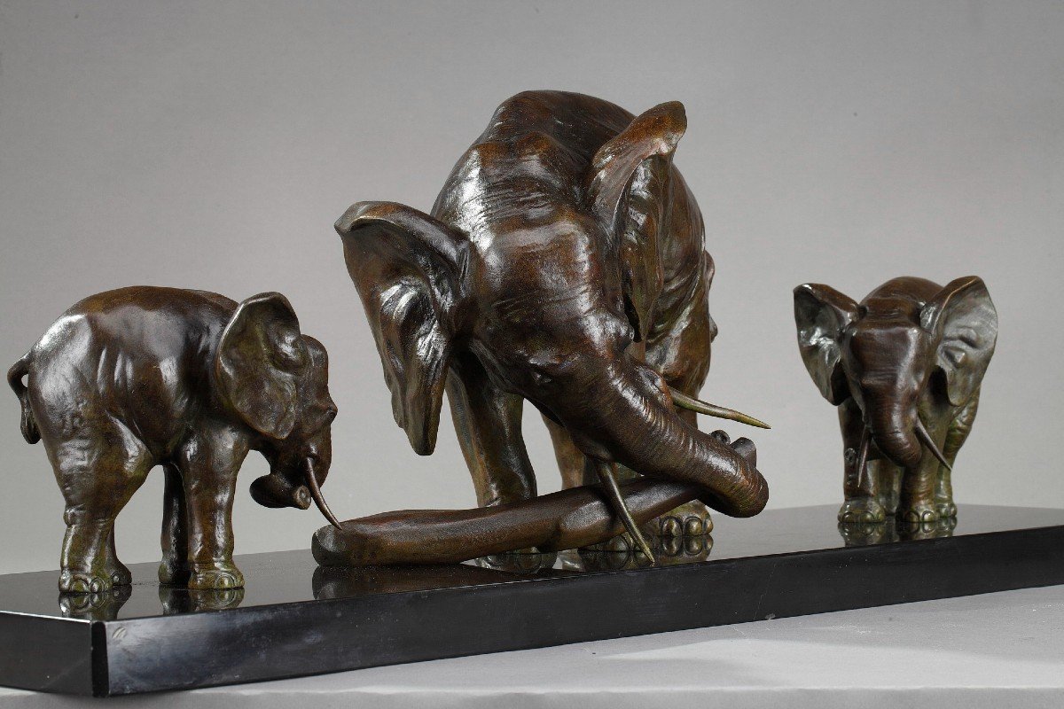 Sculpture Bronze "éléphant Et Ses Deux éléphanteaux" d'Ulisse Caputo (1872-1948)-photo-1