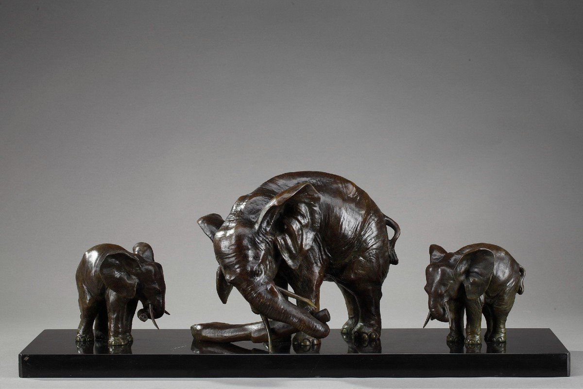 Sculpture Bronze "éléphant Et Ses Deux éléphanteaux" d'Ulisse Caputo (1872-1948)