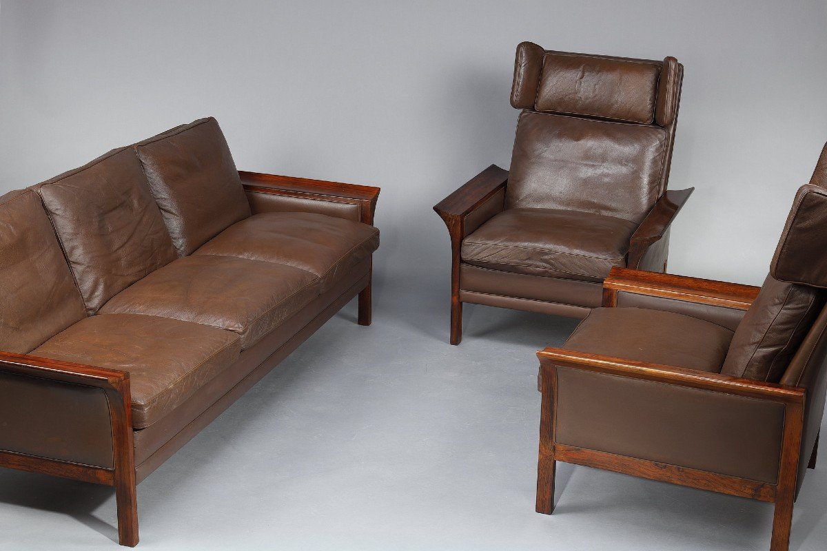 Rosewood Living Room Furniture Set Consisting Of A Sofa And A Pair Of Leather Armchairs