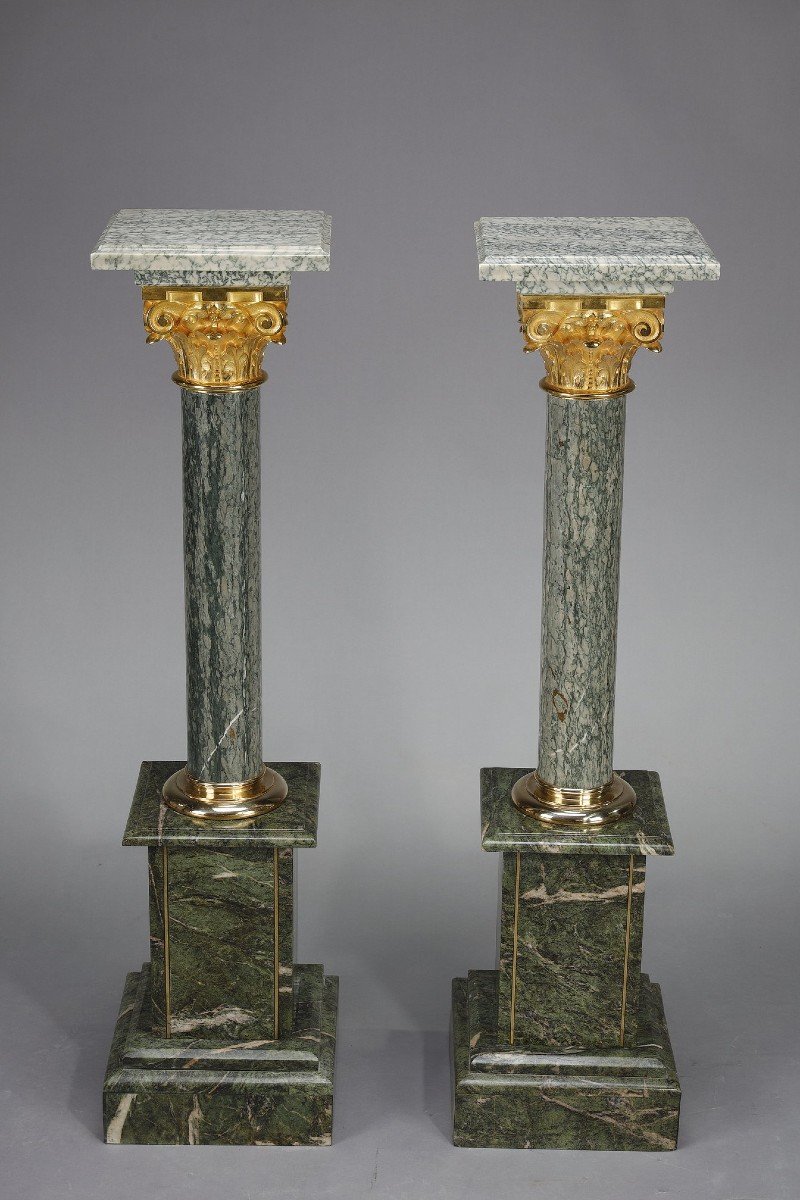 Pair Of Columns In Green Estours Marble With Corinthian Capitals-photo-2