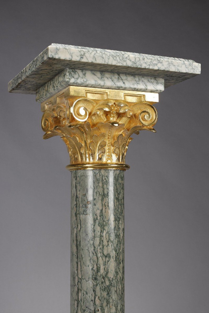 Pair Of Columns In Green Estours Marble With Corinthian Capitals-photo-3