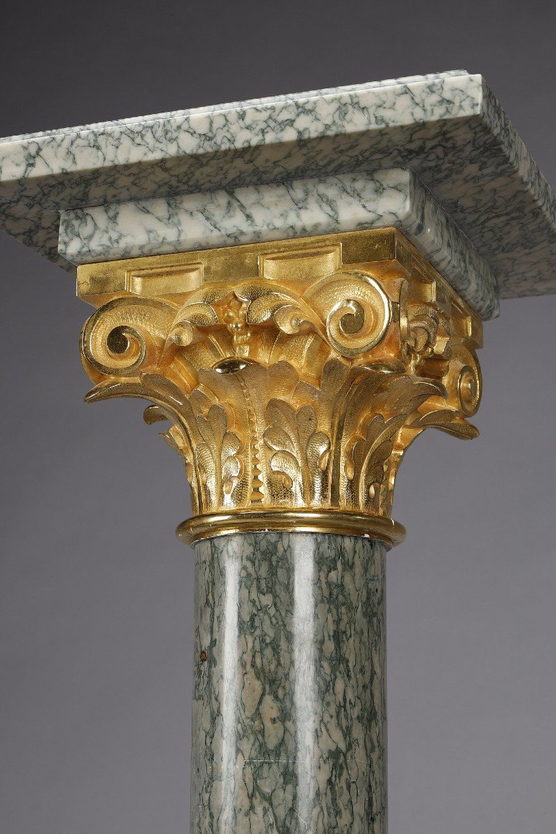 Pair Of Columns In Green Estours Marble With Corinthian Capitals-photo-5