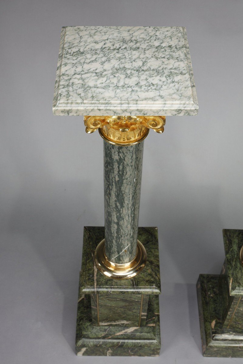 Pair Of Columns In Green Estours Marble With Corinthian Capitals-photo-6