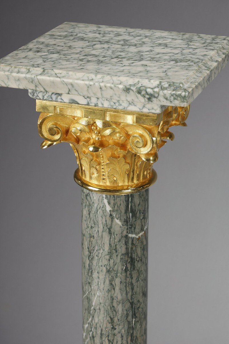 Pair Of Columns In Green Estours Marble With Corinthian Capitals-photo-7