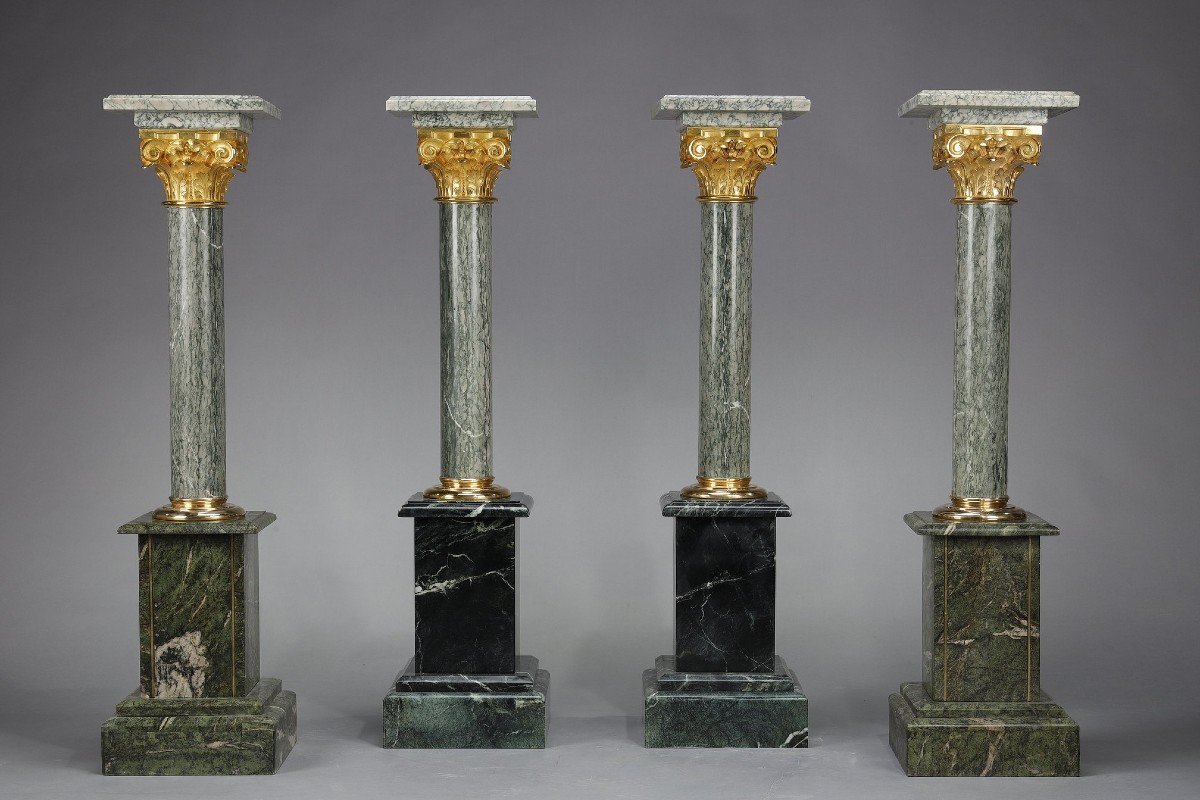 Pair Of Columns In Green Estours Marble With Corinthian Capitals-photo-8