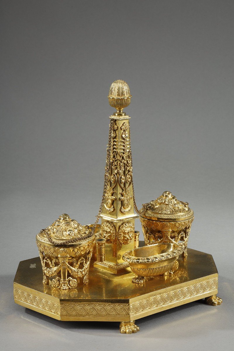 Empire Period Gilt Bronze Obelisk Inkwell-photo-2