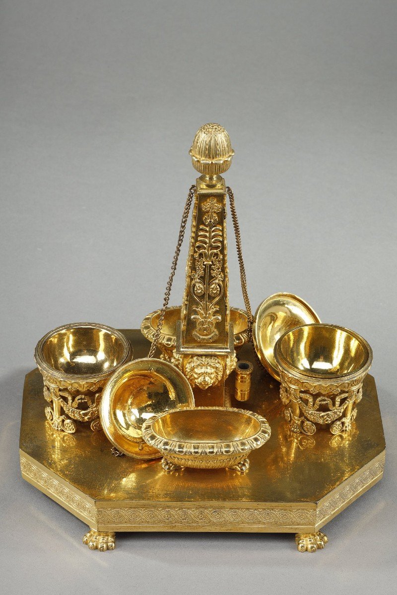 Empire Period Gilt Bronze Obelisk Inkwell-photo-3