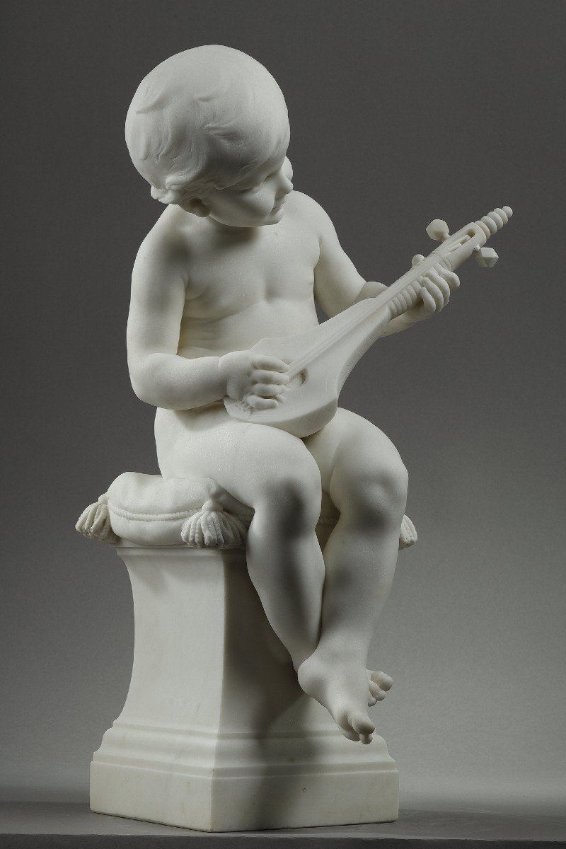 The Little Musician, Large Carrara Marble Sculpture Signed Barrias.-photo-2