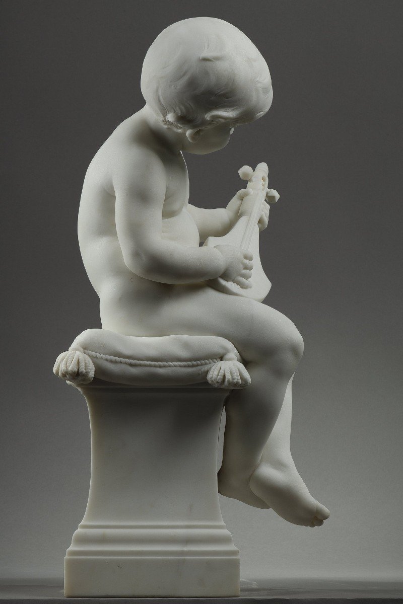 The Little Musician, Large Carrara Marble Sculpture Signed Barrias.-photo-3