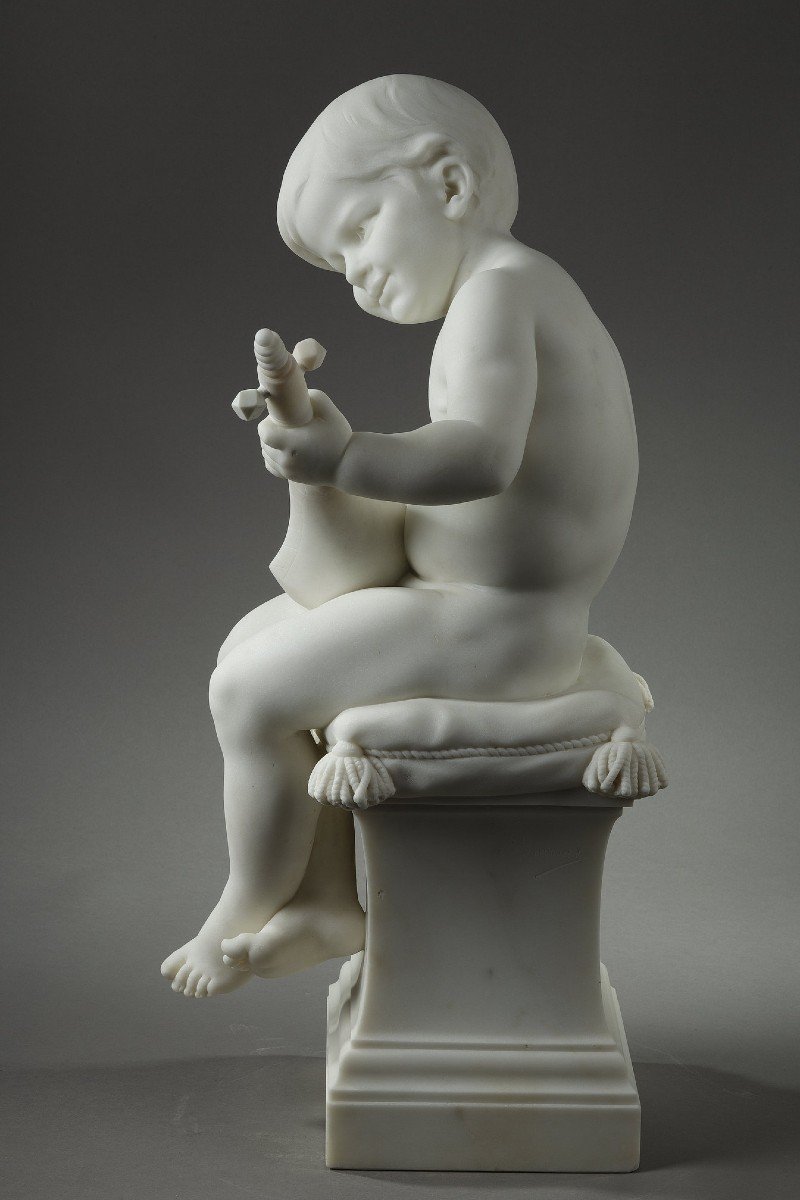 The Little Musician, Large Carrara Marble Sculpture Signed Barrias.-photo-1