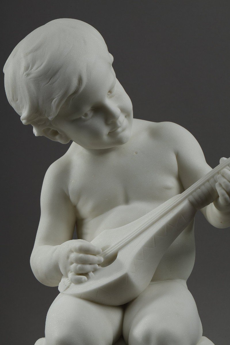 The Little Musician, Large Carrara Marble Sculpture Signed Barrias.-photo-2