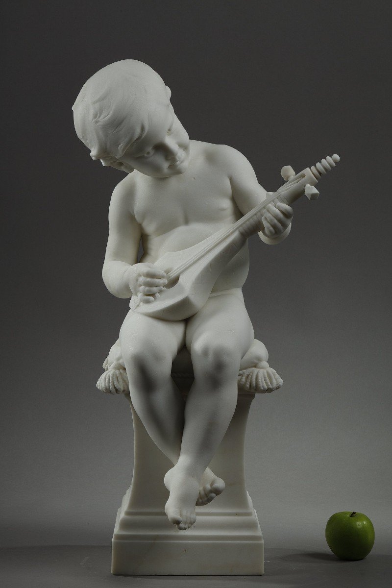 The Little Musician, Large Carrara Marble Sculpture Signed Barrias.