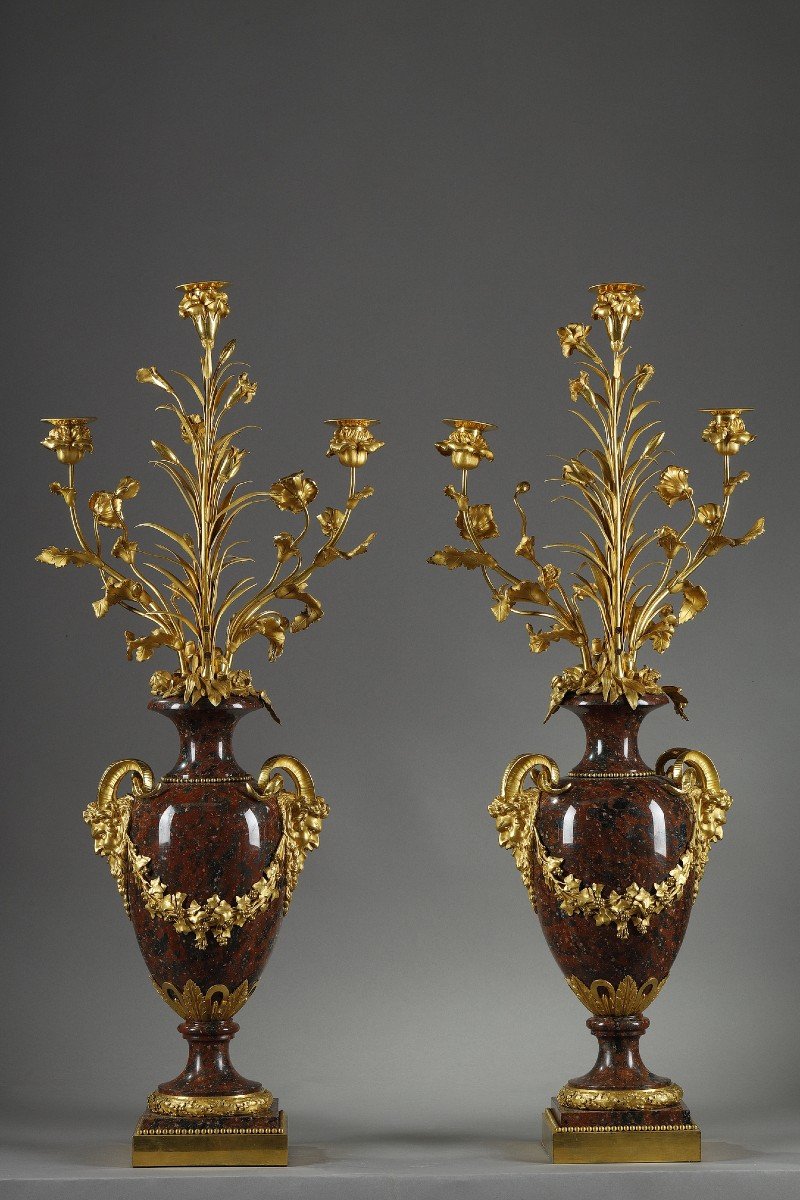 Pair Of Louis XVI Style Candelabra In Griotte Red Marble And Gilt Bronze-photo-2