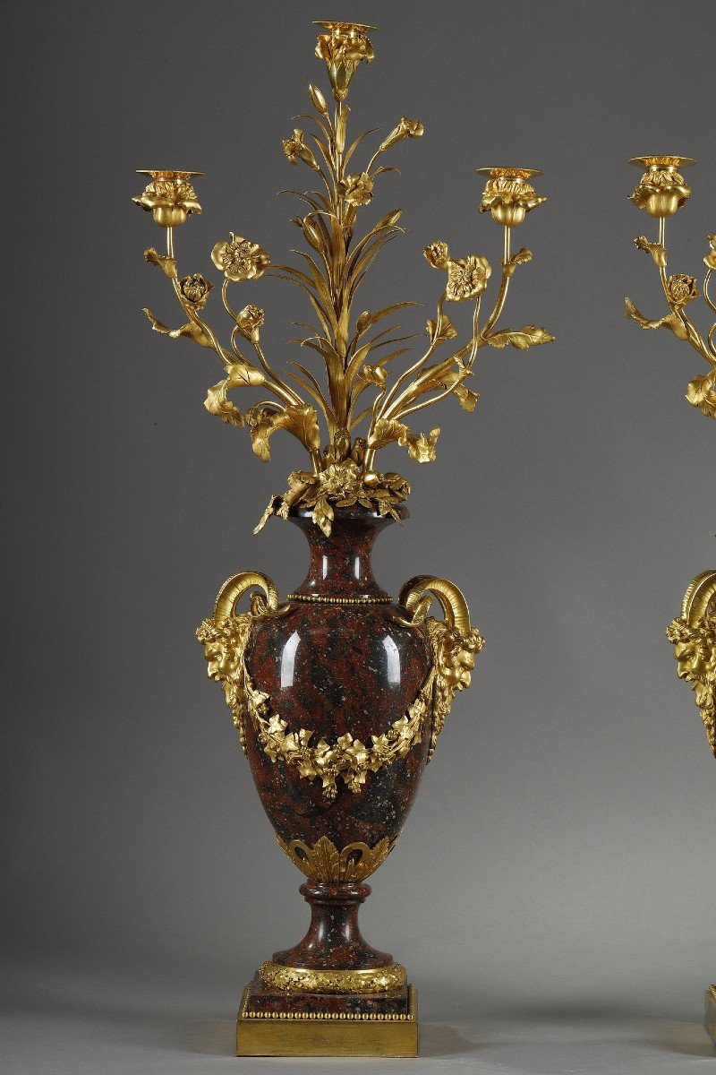 Pair Of Louis XVI Style Candelabra In Griotte Red Marble And Gilt Bronze-photo-3