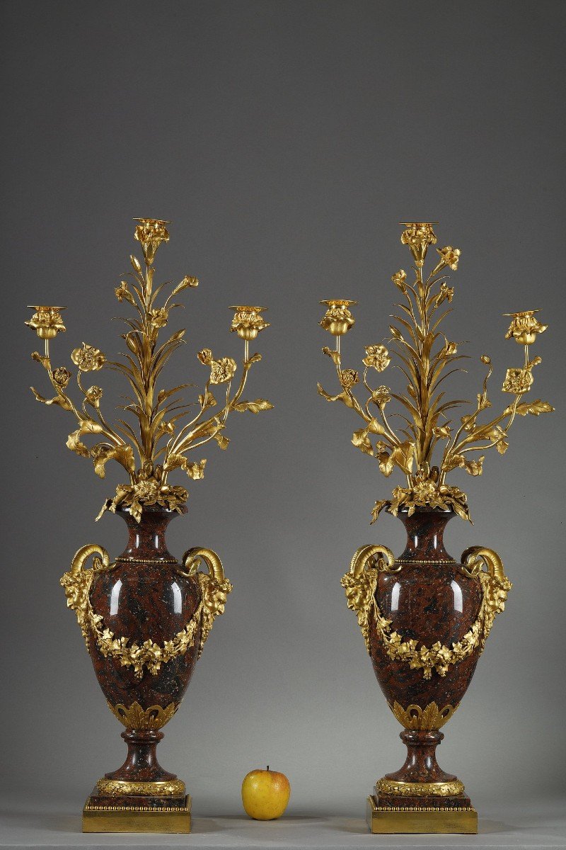 Pair Of Louis XVI Style Candelabra In Griotte Red Marble And Gilt Bronze