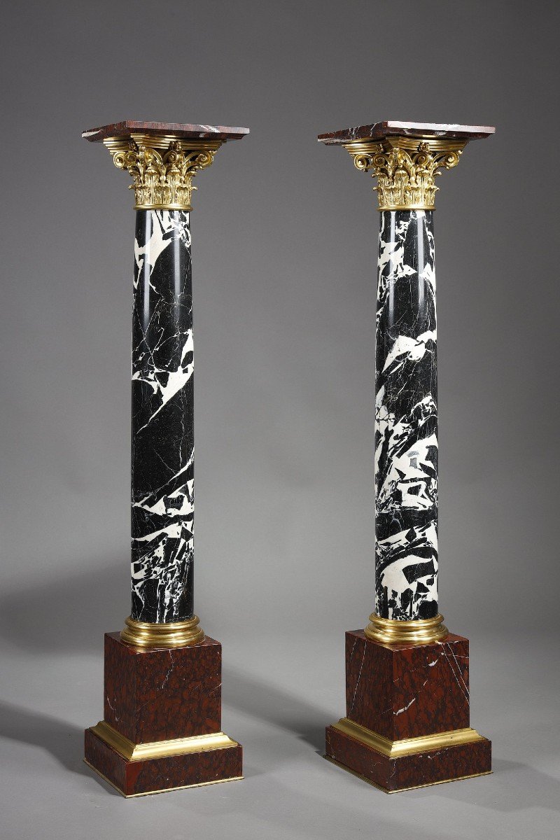 Pair Of Large Antique Marble Columns And Gilt Bronze Capitals-photo-2