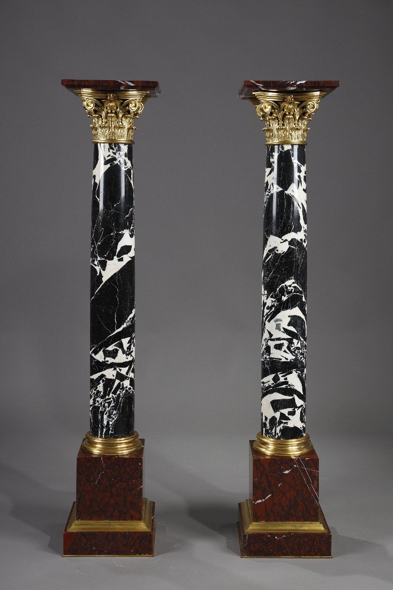 Pair Of Large Antique Marble Columns And Gilt Bronze Capitals