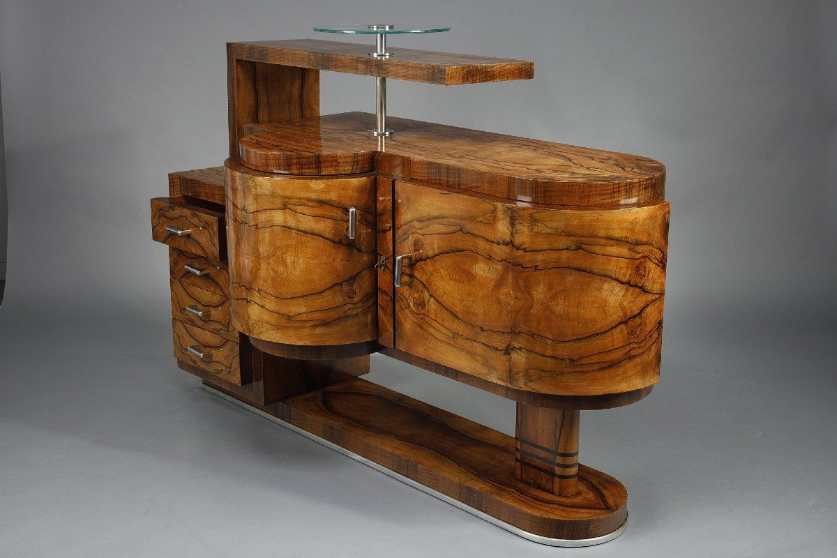 Important Art Deco Bar Cabinet In Walnut Veneer -photo-2