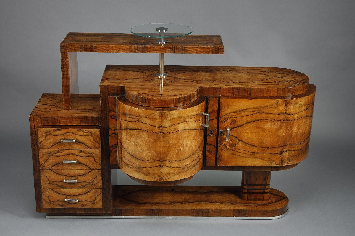 Important Art Deco Bar Cabinet In Walnut Veneer 