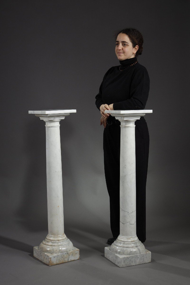 Pair Of White Marble Columns, Late 19th Century -photo-3