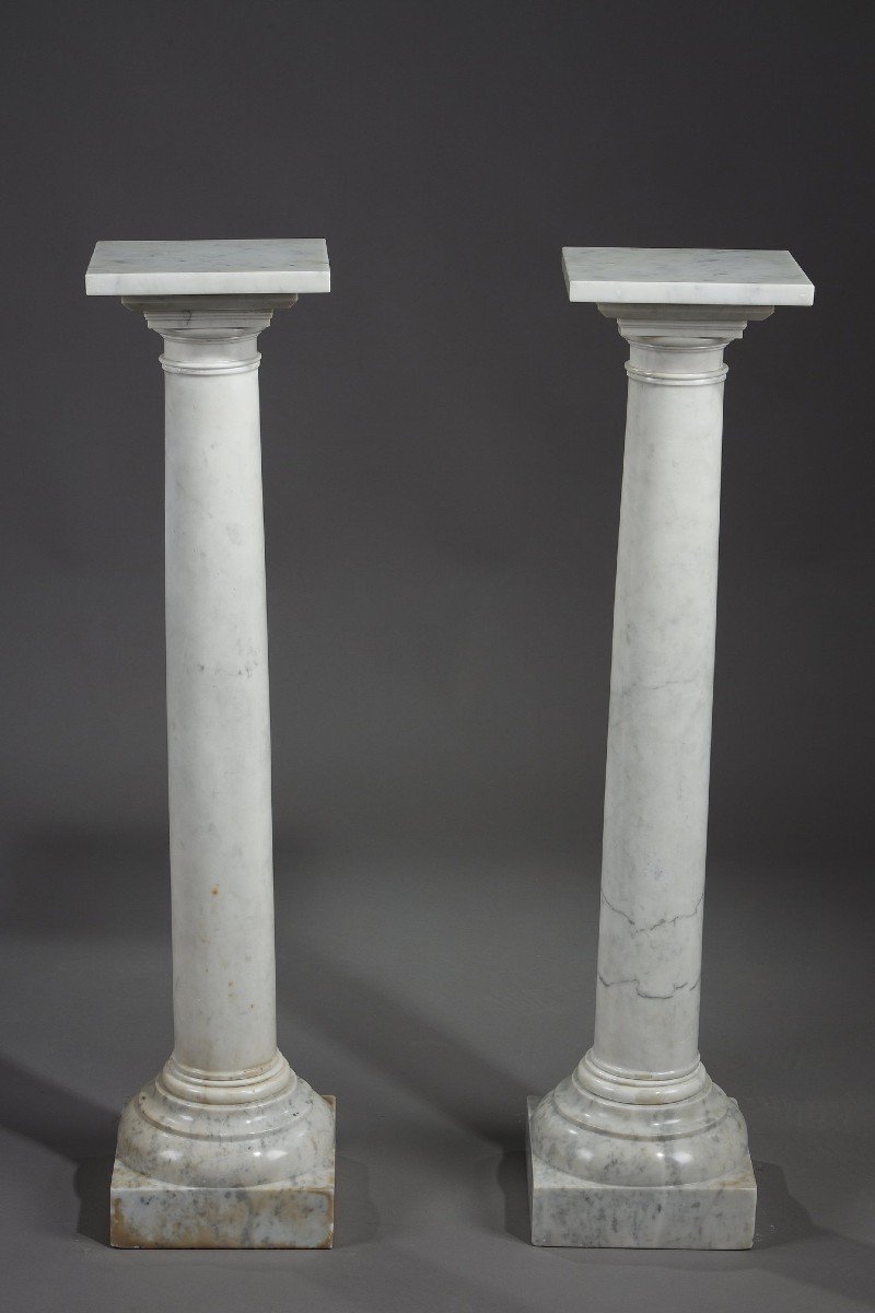 Pair Of White Marble Columns, Late 19th Century 