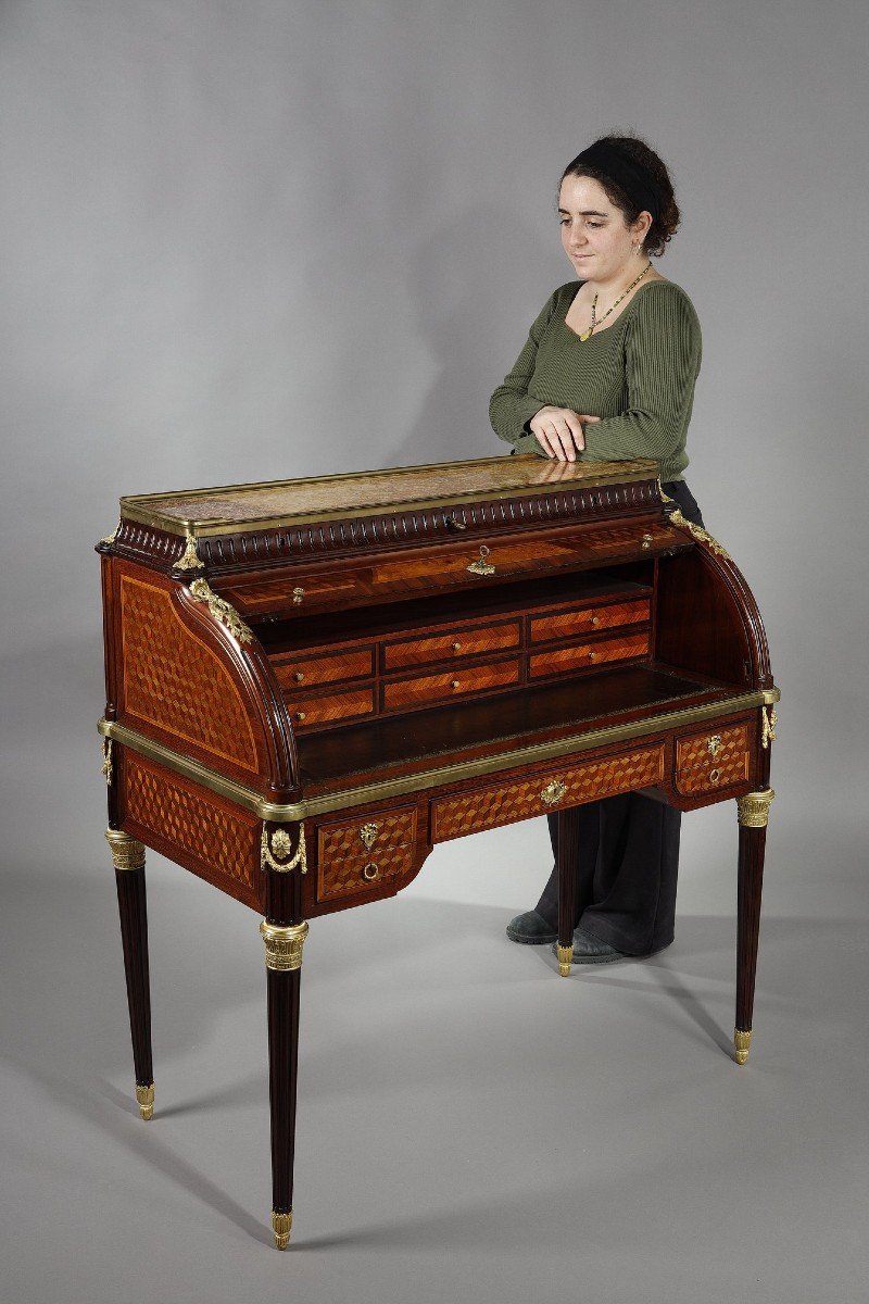 Bureau à Cylindre De Style Louis XVI En Marqueterie Et Bronzes Dorés, Fin XIXe Siècle-photo-2