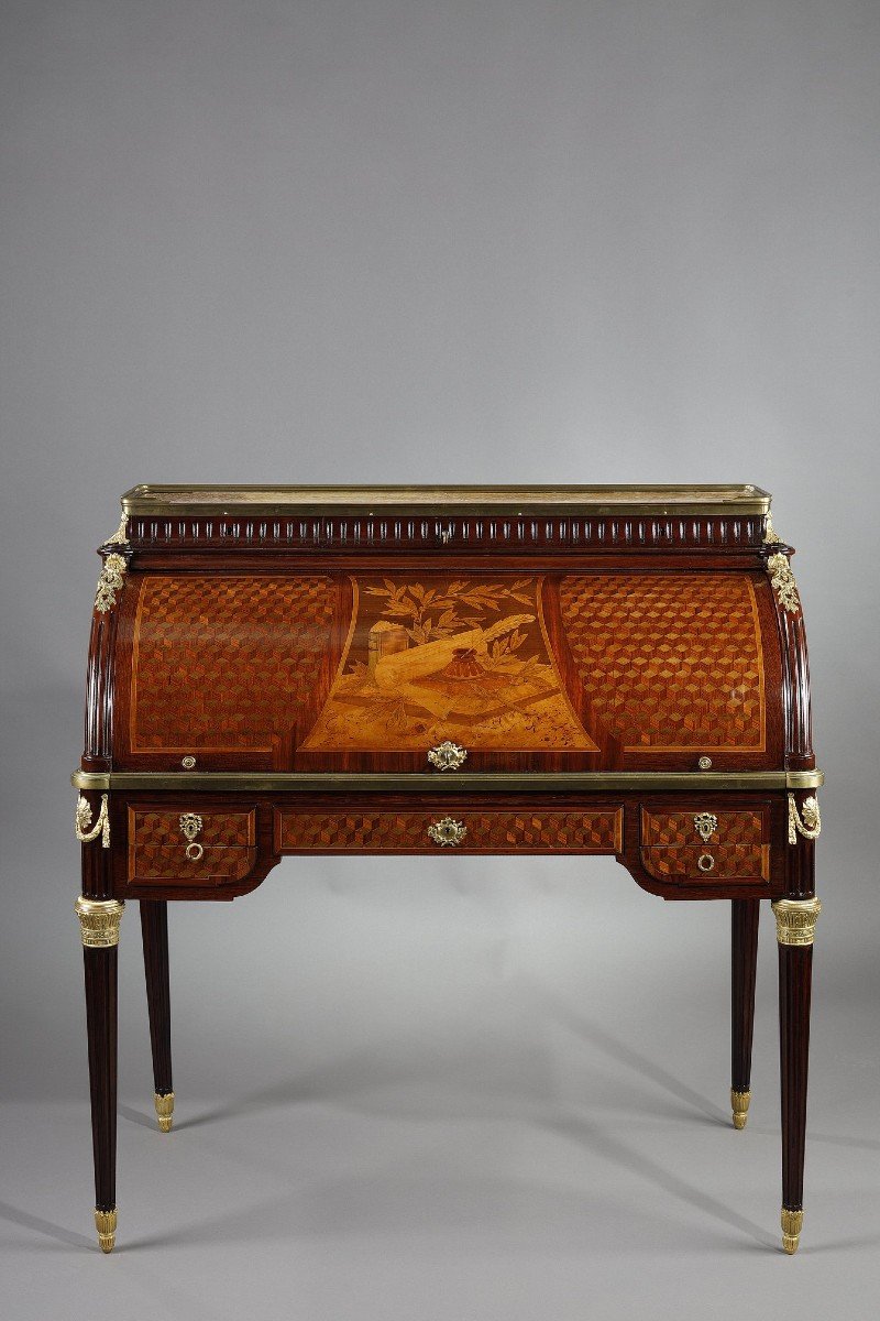 Bureau à Cylindre De Style Louis XVI En Marqueterie Et Bronzes Dorés, Fin XIXe Siècle