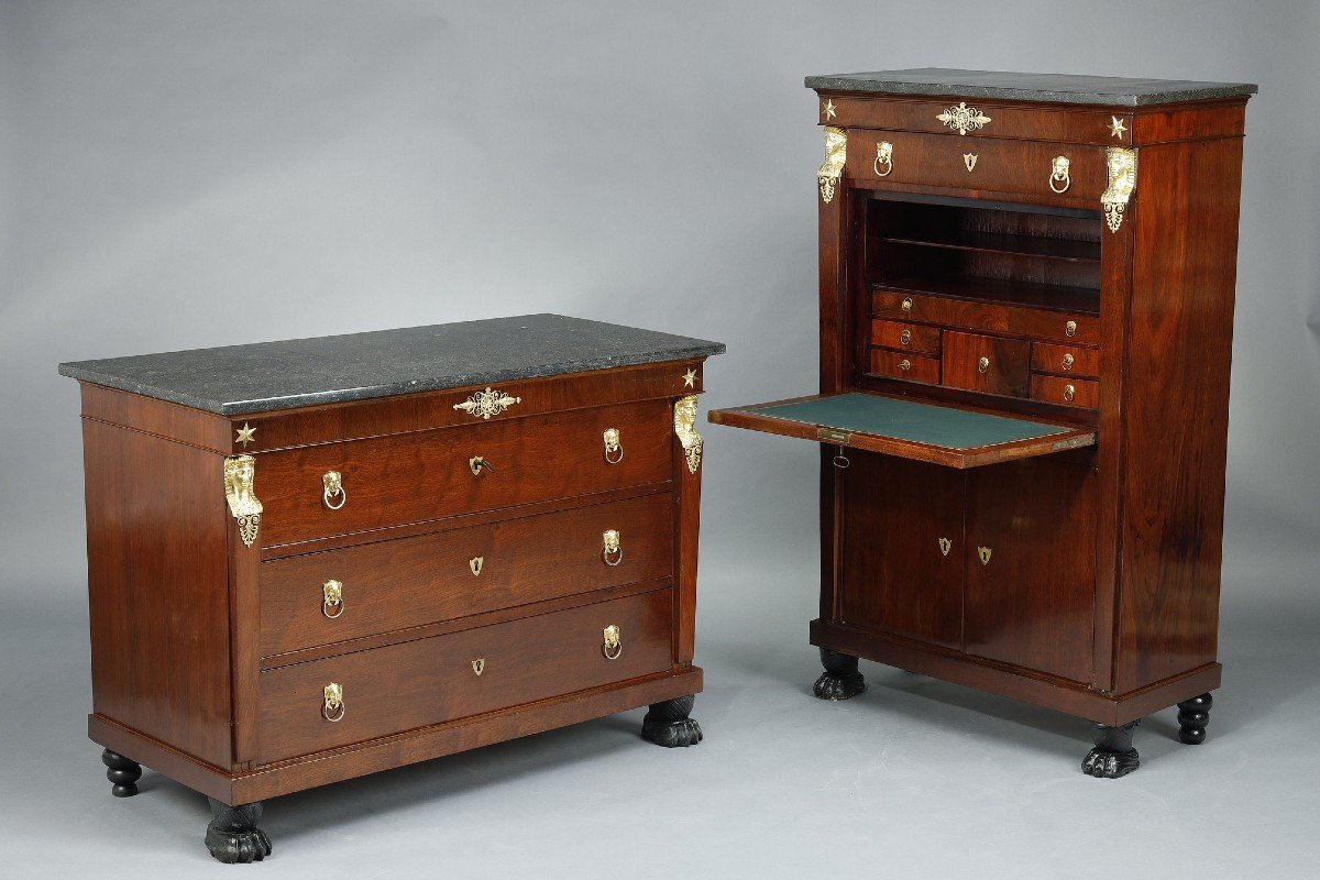 Consulate Chest Of Drawers & Secretary In Mahogany And Mahogany Veneer