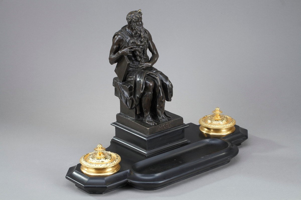 Marble Inkwell: Moses By Michelangelo, Napoleon III Period-photo-4