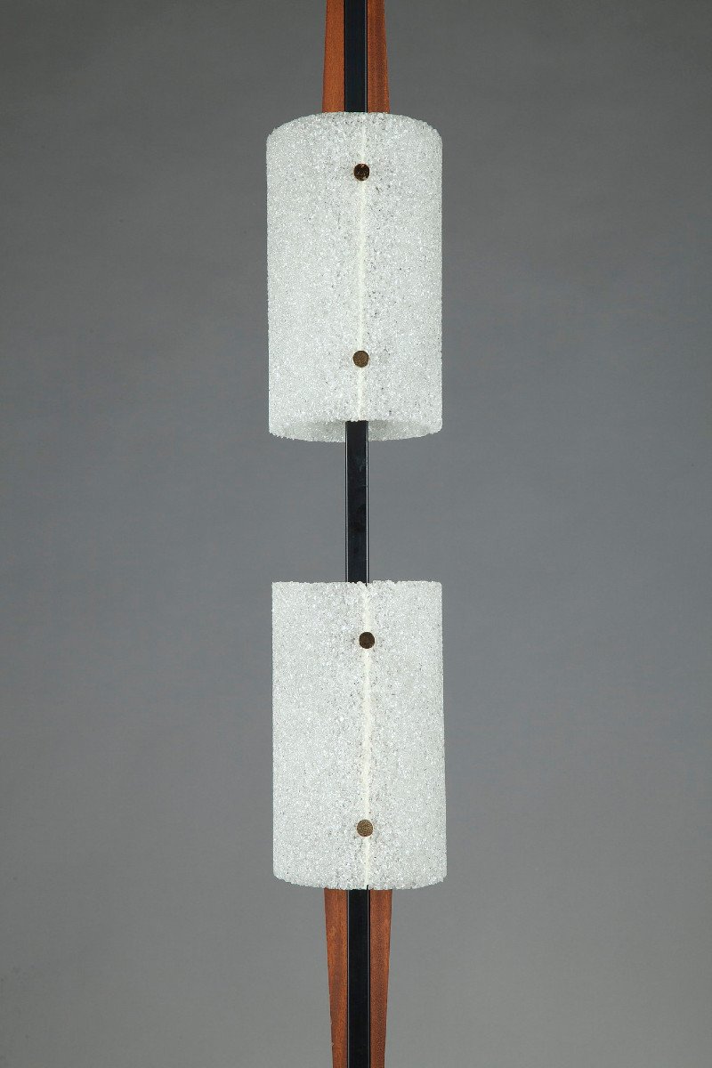 Scandinavian Floor Lamp In Black Lacquered Steel And Teak With Two Granite Perspex Diffusers-photo-1