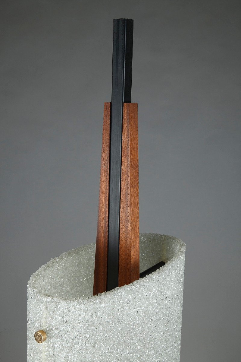 Scandinavian Floor Lamp In Black Lacquered Steel And Teak With Two Granite Perspex Diffusers-photo-7