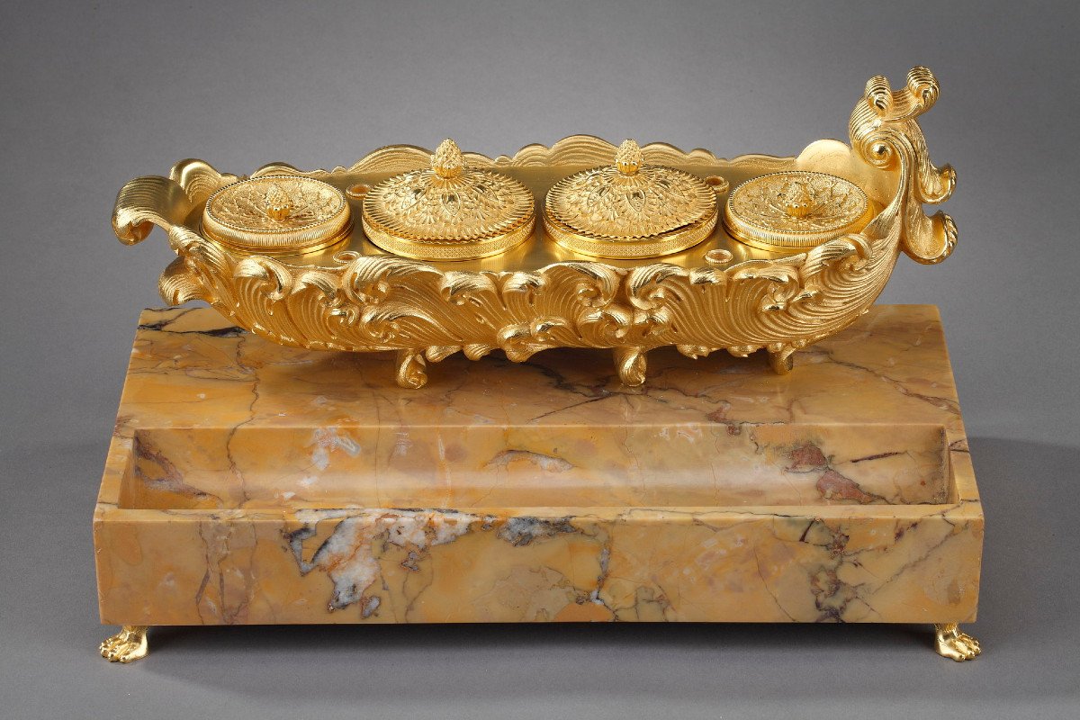 Gilt Bronze And Marble Inkwell, Charles X Period-photo-2