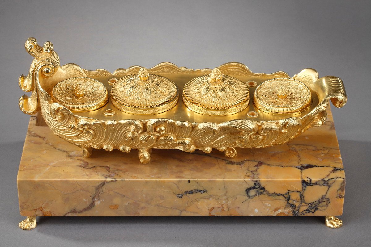 Gilt Bronze And Marble Inkwell, Charles X Period-photo-4