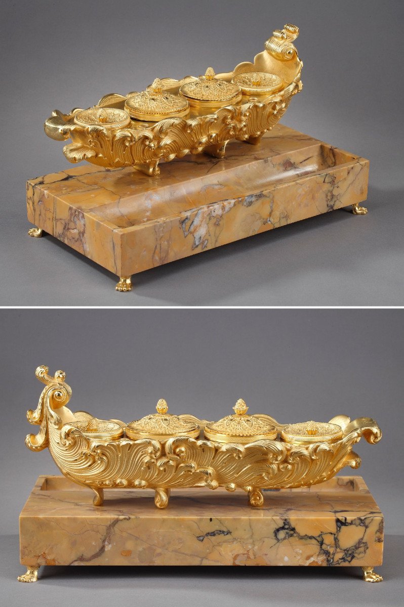 Gilt Bronze And Marble Inkwell, Charles X Period