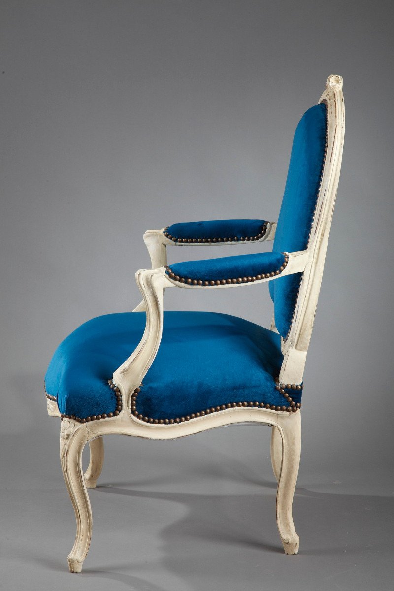 Quatre Fauteuils En Velours Bleu Canard d'époque Louis XV-photo-4