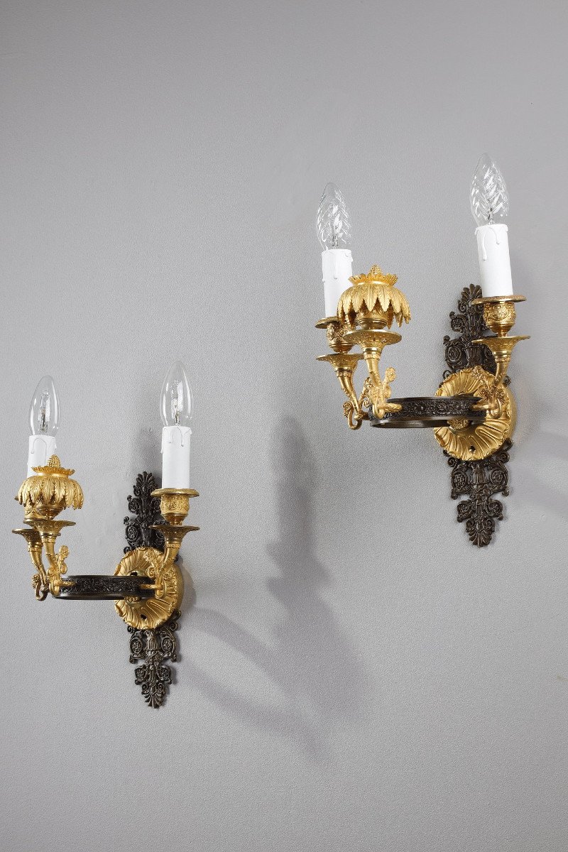 Pair Of Sconces In Chiseled And Gilt Bronze, Charles X Period-photo-2