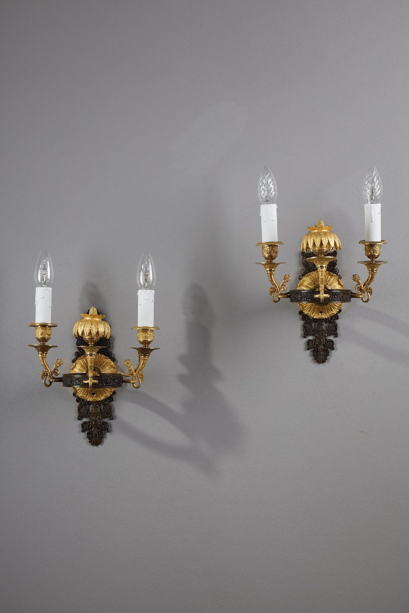 Pair Of Sconces In Chiseled And Gilt Bronze, Charles X Period