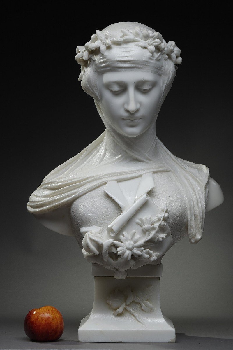 Carrara Marble Bust, Woman With Veil And Flower Crown-photo-1