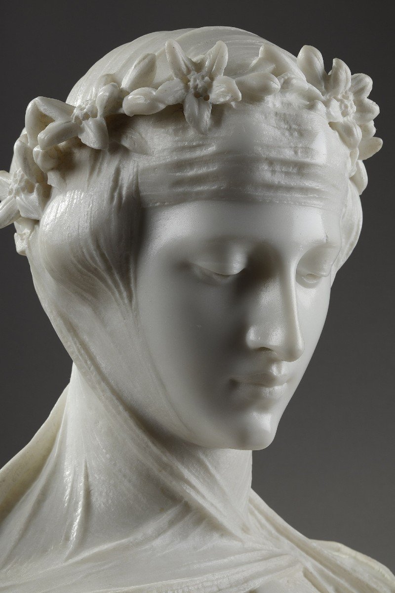 Carrara Marble Bust, Woman With Veil And Flower Crown-photo-3