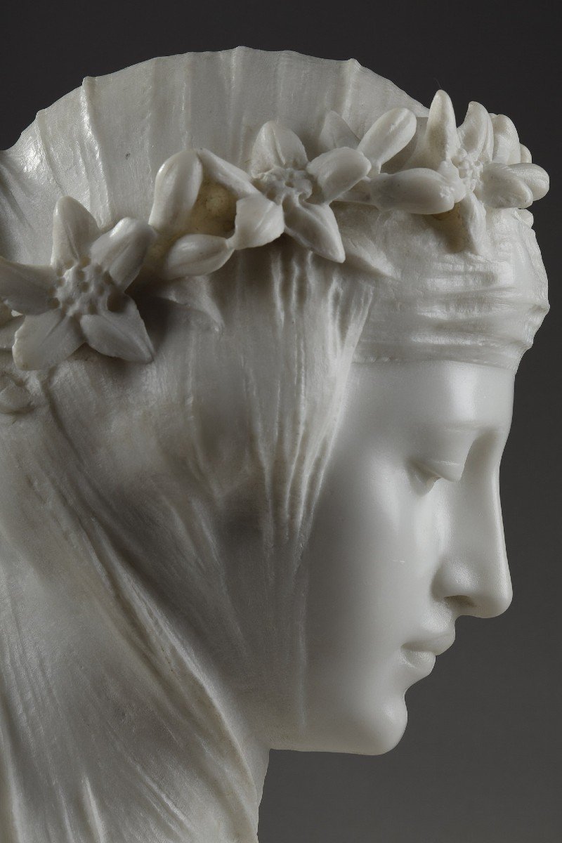 Carrara Marble Bust, Woman With Veil And Flower Crown-photo-4
