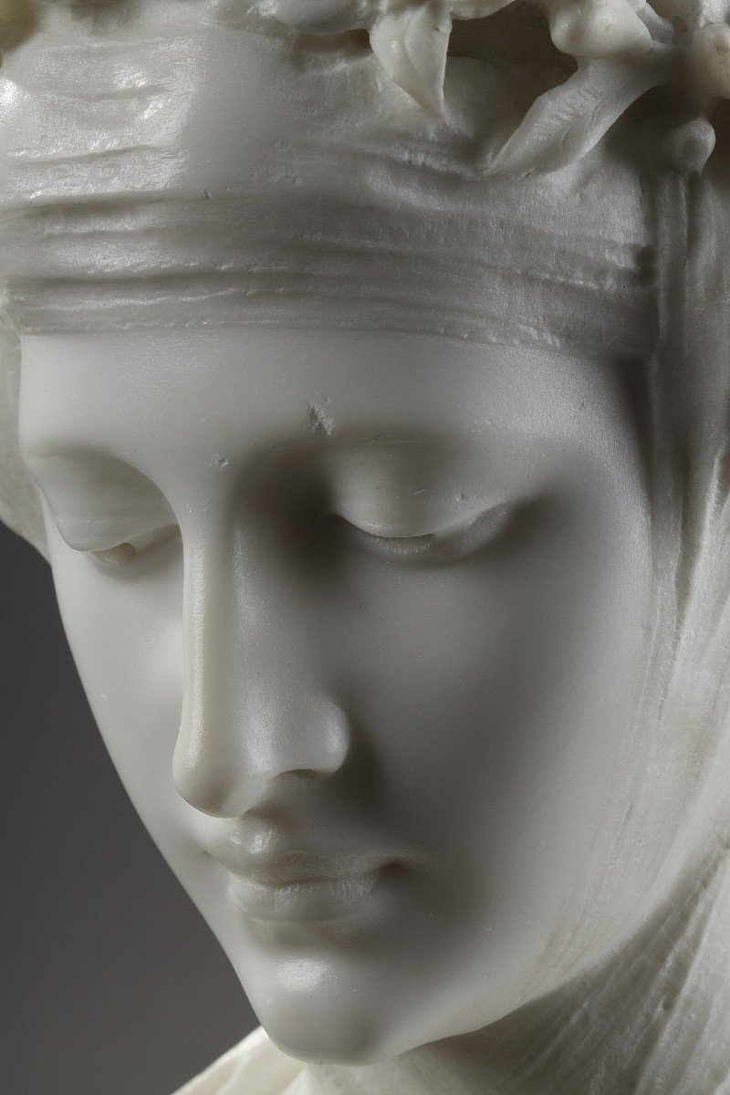 Carrara Marble Bust, Woman With Veil And Flower Crown-photo-6