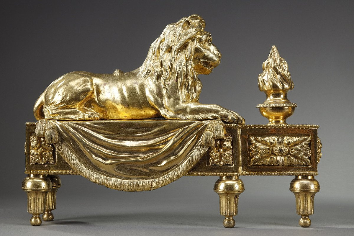 Pair Of Andirons With Lions In Chiseled And Gilded Bronze-photo-4