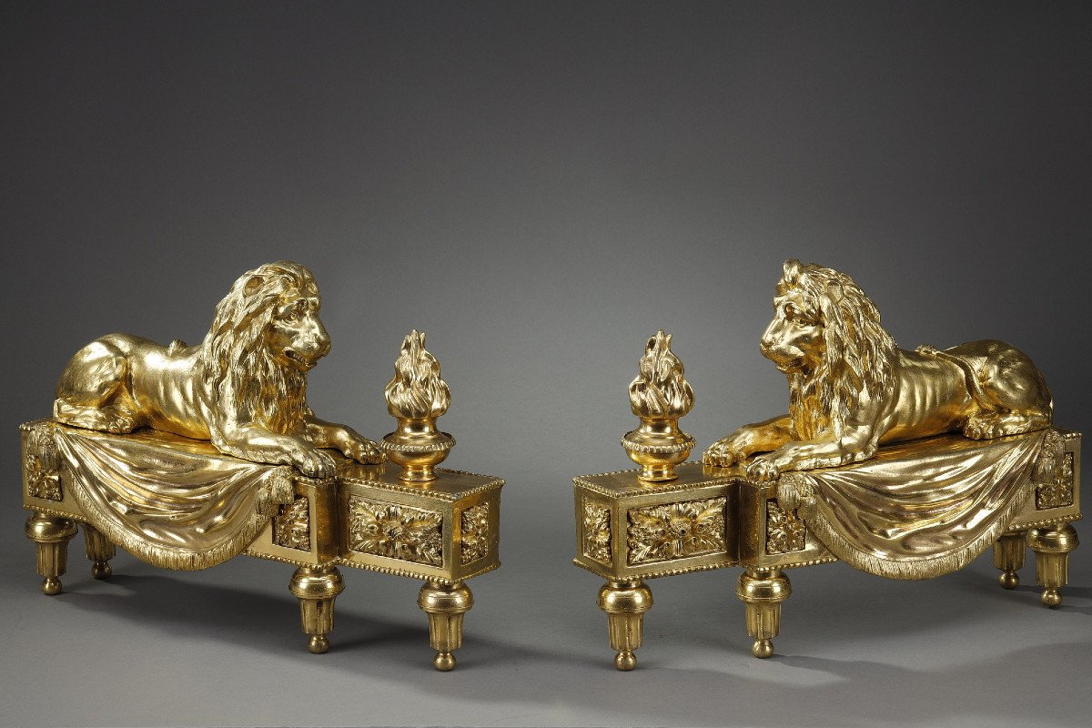 Pair Of Andirons With Lions In Chiseled And Gilded Bronze-photo-7