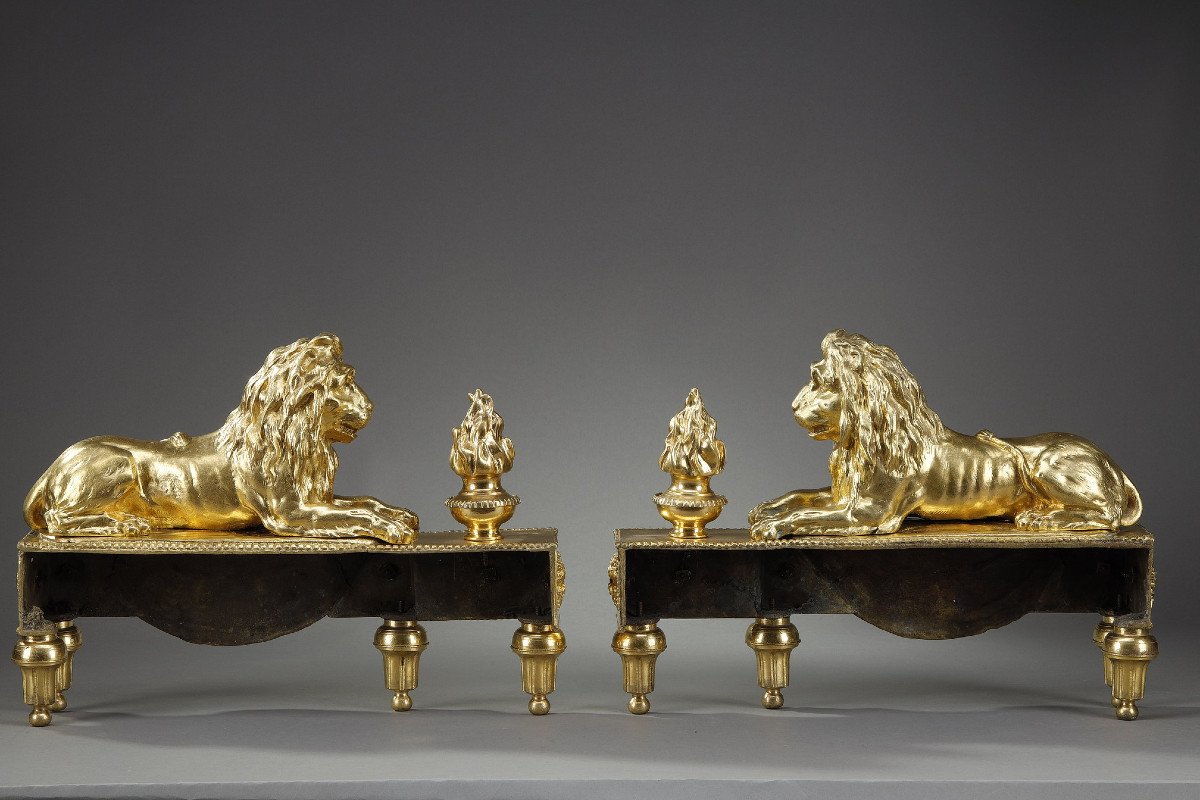 Pair Of Andirons With Lions In Chiseled And Gilded Bronze-photo-8